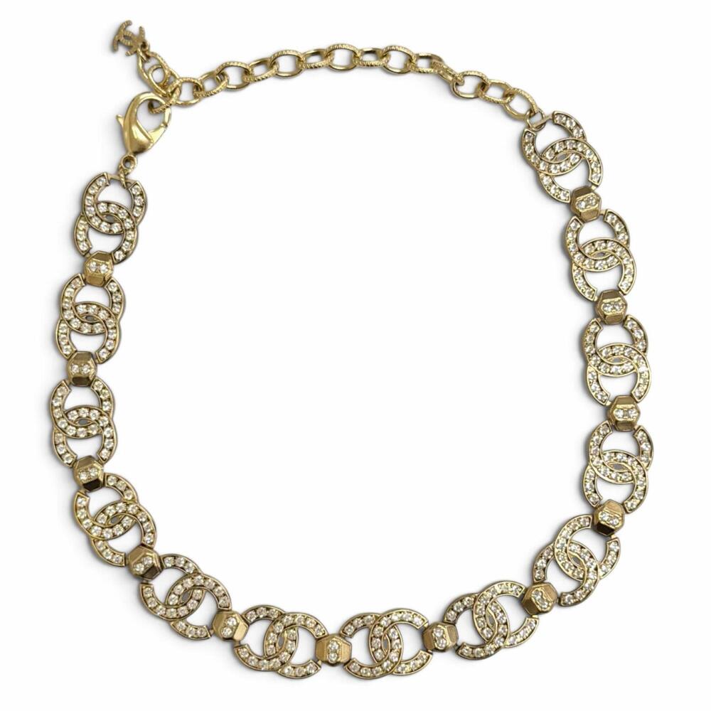 CHANEL A21V Coco Mark Rhinestone Choker Necklace, Gold, Made in France, Women...